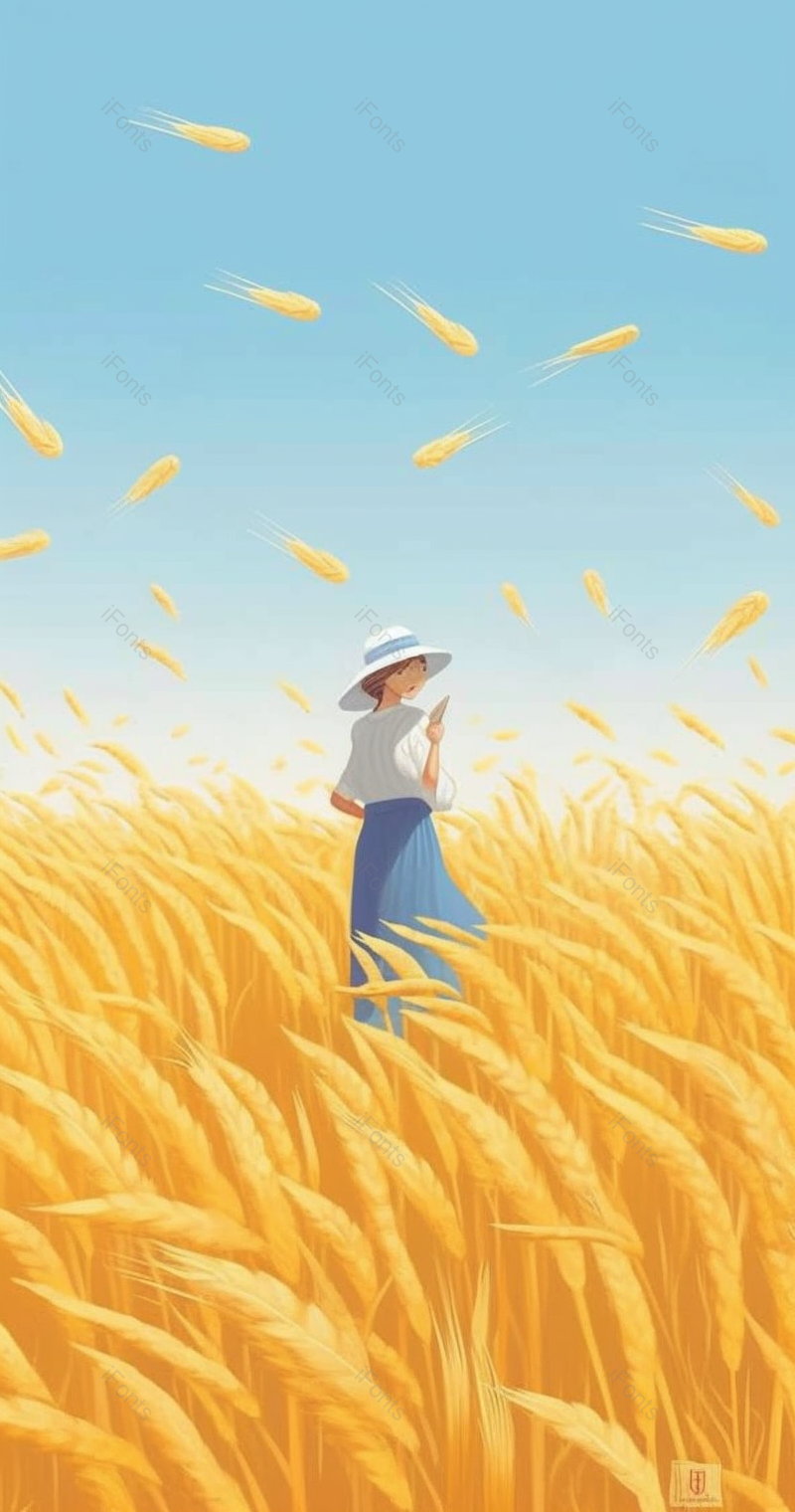 女孩远景麦田小麦蓝天一个人金色秋季丰收竖版插画,插画/手绘图,插画/手绘图库,插画/手绘图下载,插画/手绘